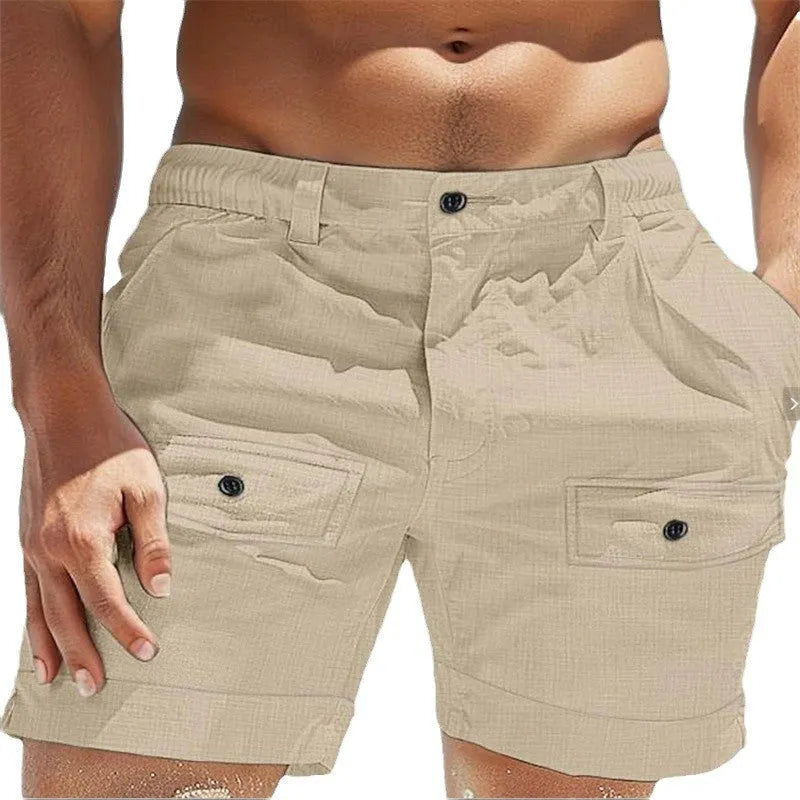 Men's khaki linen shorts with elastic waistband and button pocket laid flat.