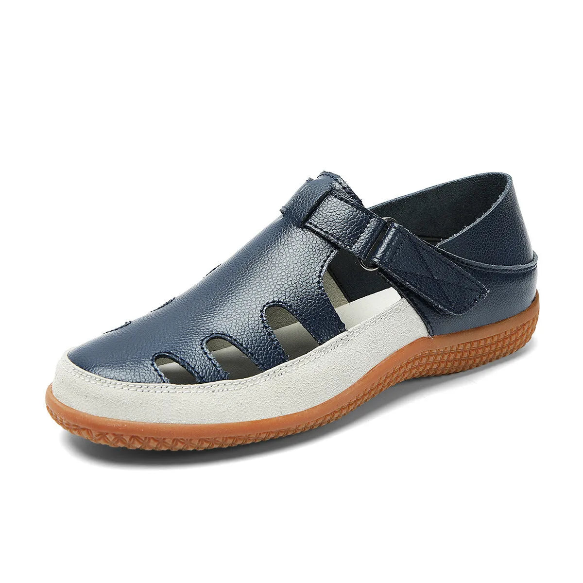 Plus size women's flat sandals with hollow-out design and toe cap in blue, red, or white.