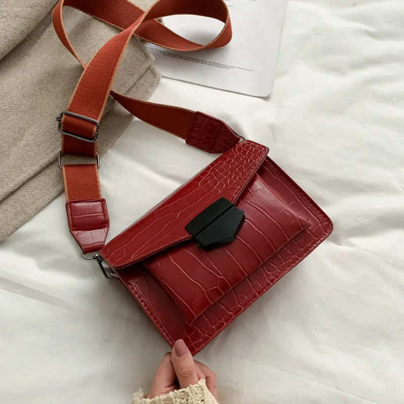 Vintage PU fabric crossbody bag showing dimensions and colour options