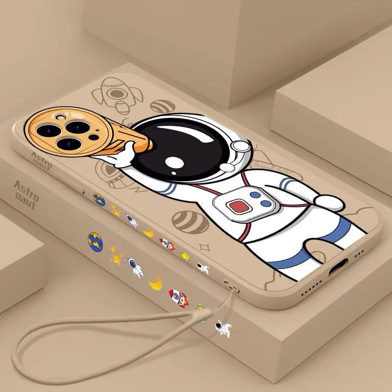 Cartoon astronaut and starry sky design on a black silicone phone case for iPhone.