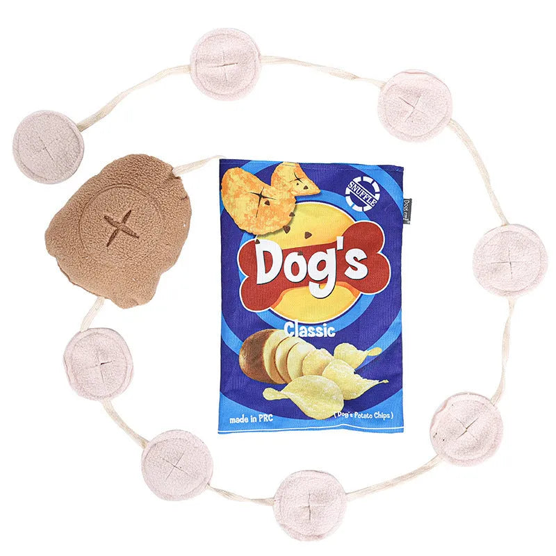 Dog fashion personality potato chips plush toy in yellow, green, and blue colours with polyester construction