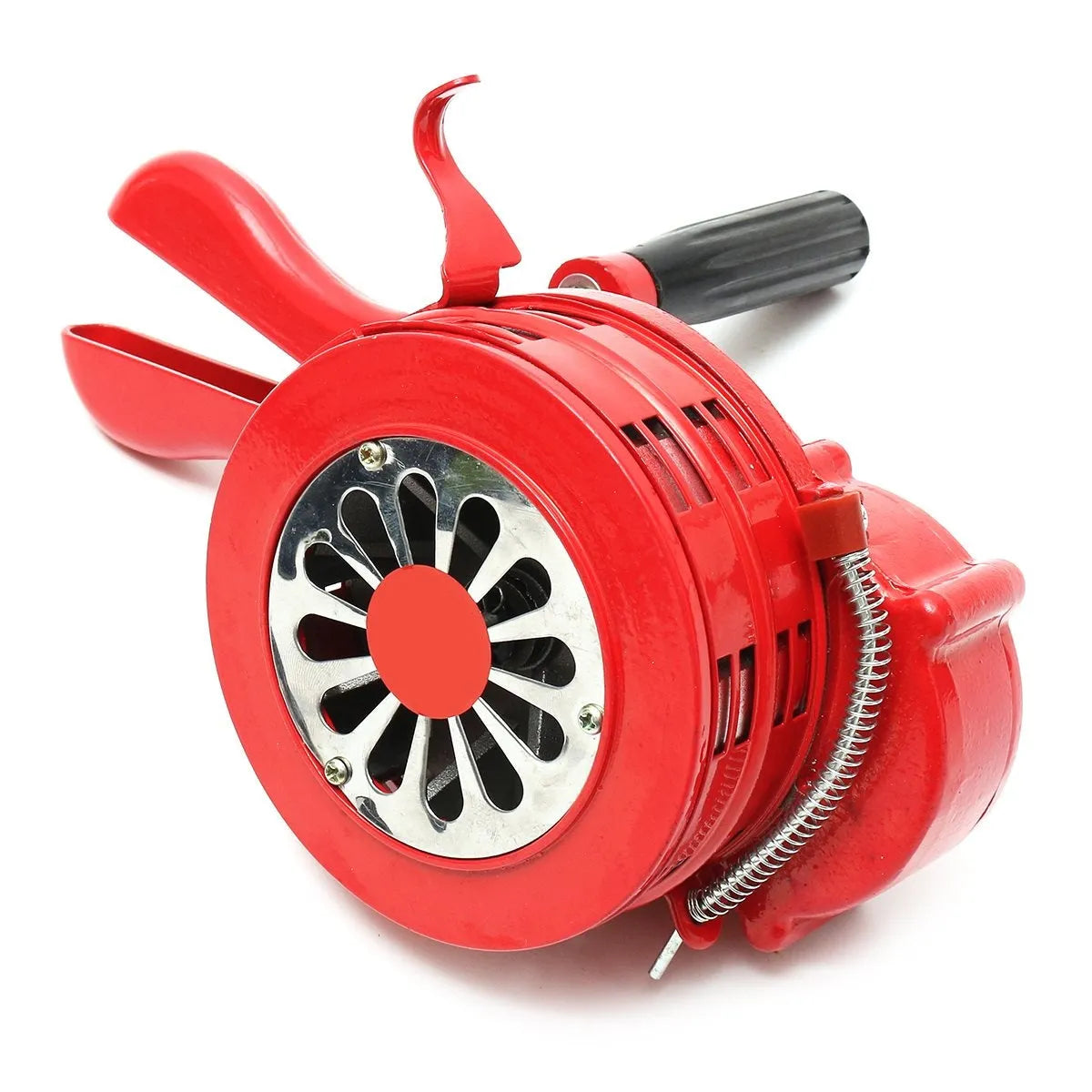 Red manual hand crank air raid alarm siren with aluminium alloy body and folding handle