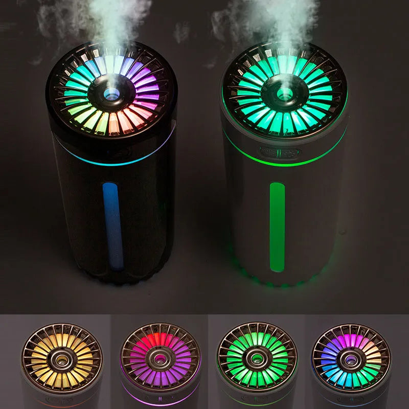 Black and white rechargeable USB humidifier with colourful lights for car and desk use.