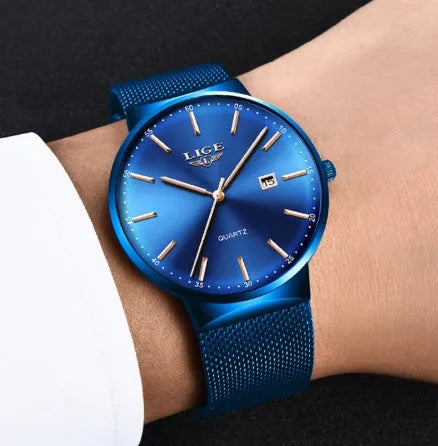 Men's stainless steel watch with 40mm dial in black, blue, or two-tone colour options.