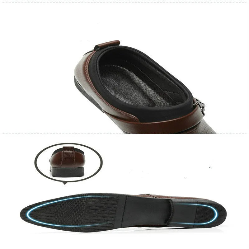Men's black leather toe cap formal shoes with rubber sole on white background