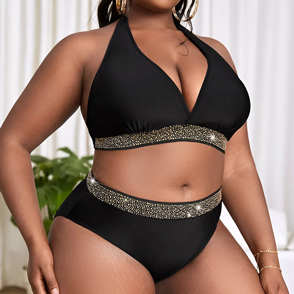 Black plus size women's polyester bikini swimsuit with bra and shorts, sizes 0XL to 4XL