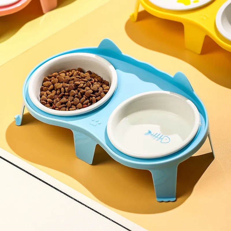 Ceramic cat food and water bowl set with elevated tilted stand in blue, pink, white or yellow