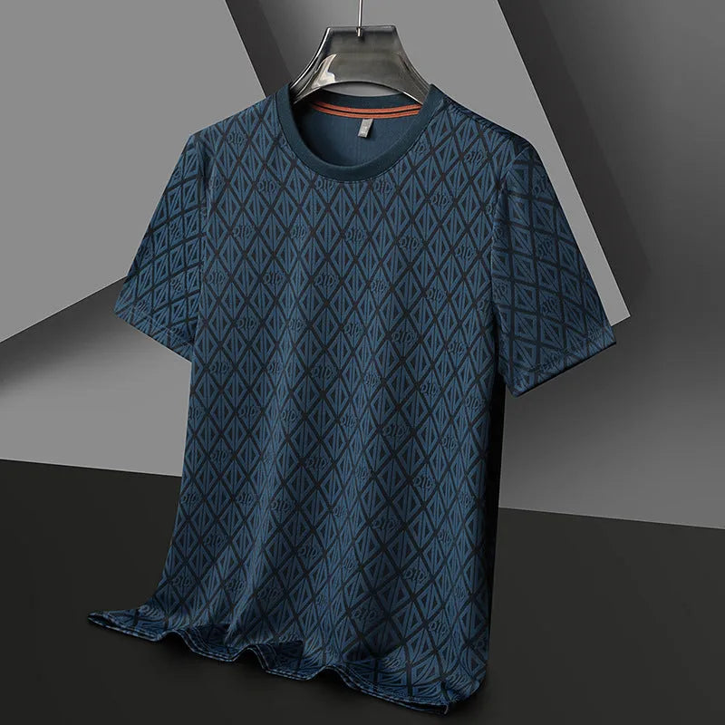 Man wearing a loose fit black round neck short sleeve T-shirt made from Ice Silk fabric.