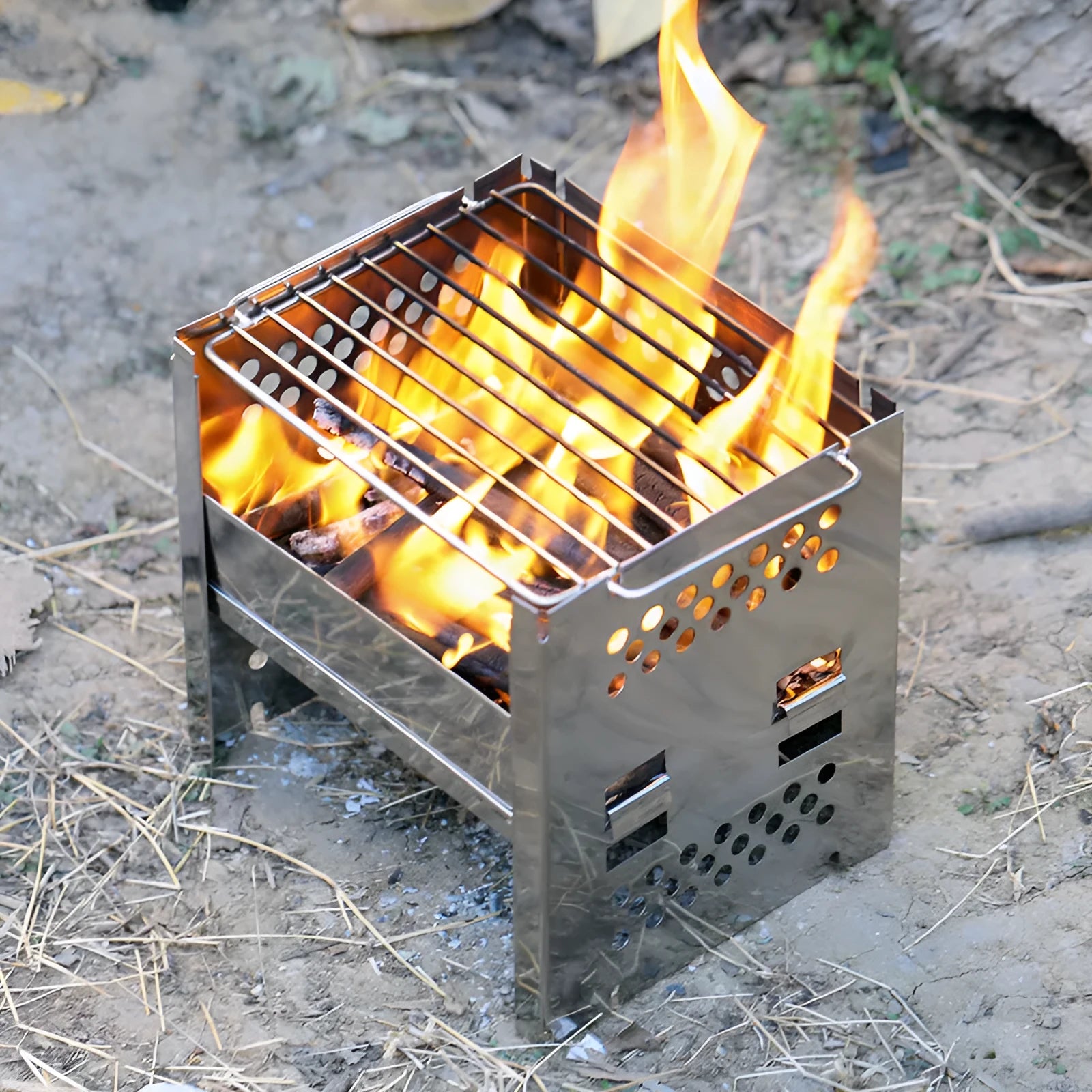 Portable outdoor stainless steel dual-use barbecue grill and firewood stove for camping with removable parts