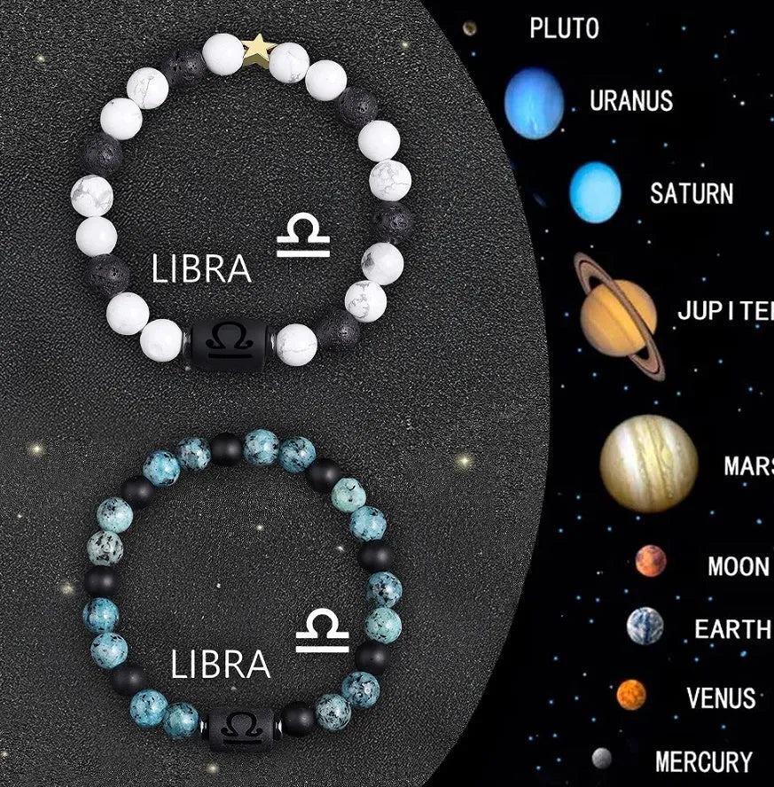 Set of two natural stone beaded bracelets showing different zodiac sign designs