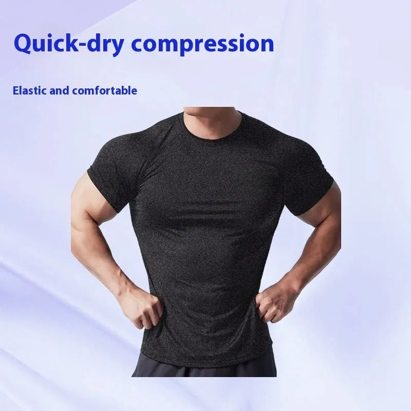 Men's black stretch quick-drying short sleeve polyester t-shirt for running.