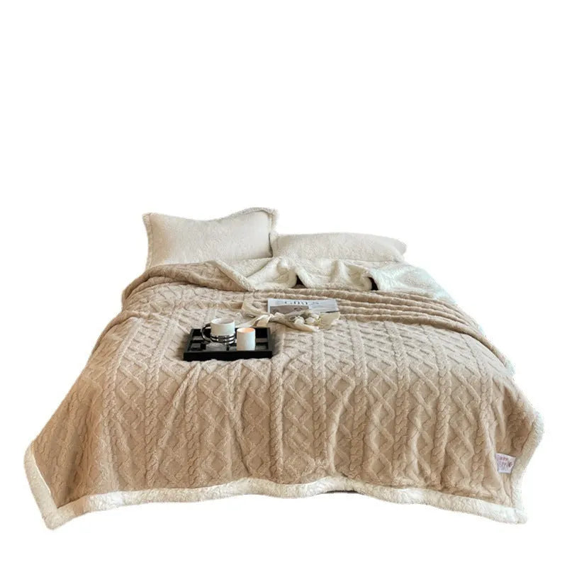 Polyester thermal flannel blanket in tea green colour on bed