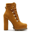 Women's suede ankle boots with a thick high heel in army green, shown from the side.