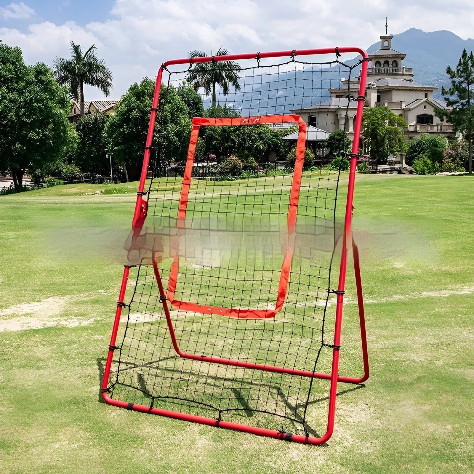 Red 4x6 feet baseball training net with metal frame setup for practice drills