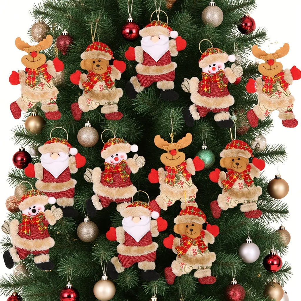Set of four Christmas tree ornaments Santa snowman reindeer and bear figures with red white scarves golden balls red bows