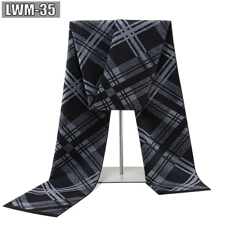 Men's plaid imitation cashmere scarf with tassels, over 175cm long, in a business style