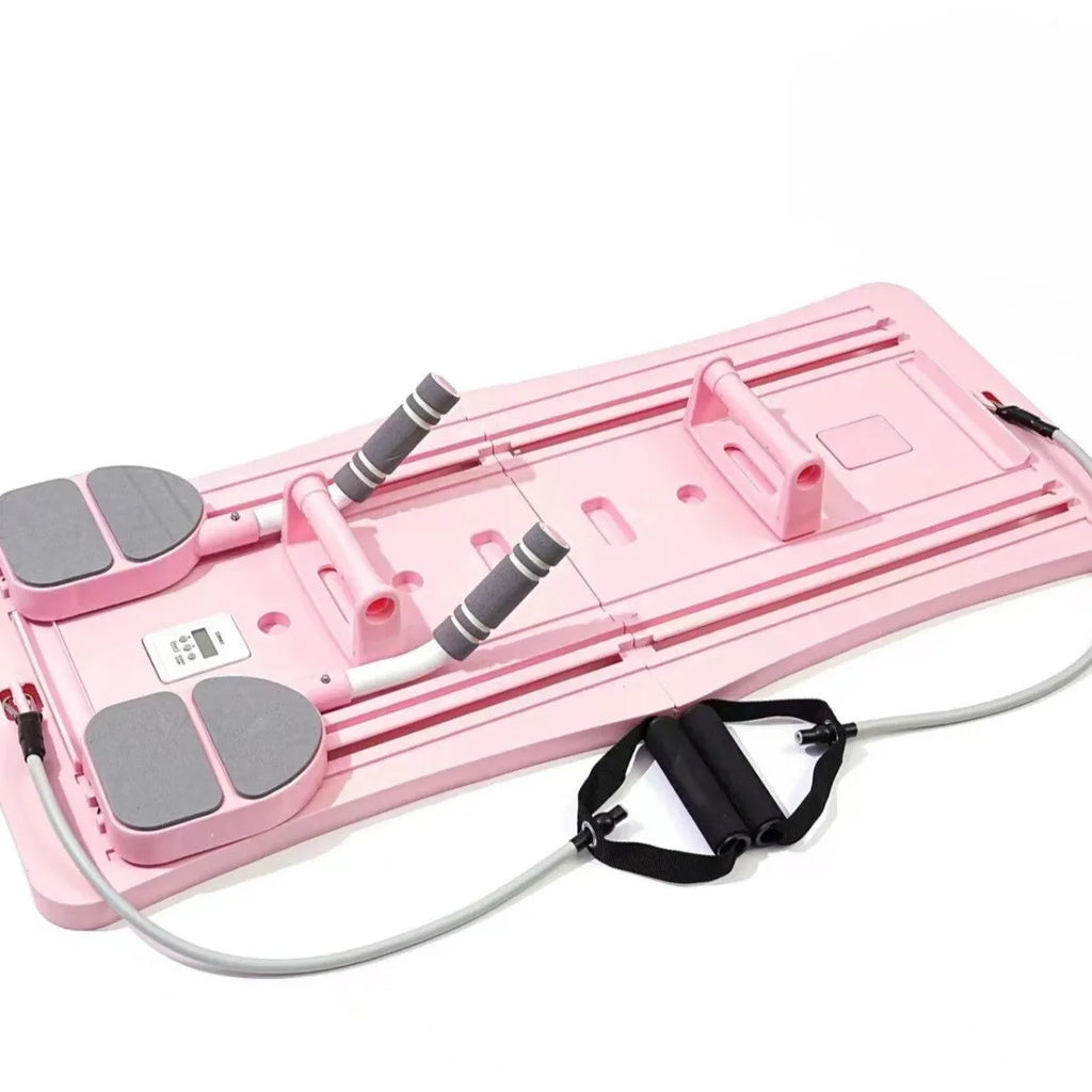 Purple foldable belly panel trainer for abdominal exercises on a home floor