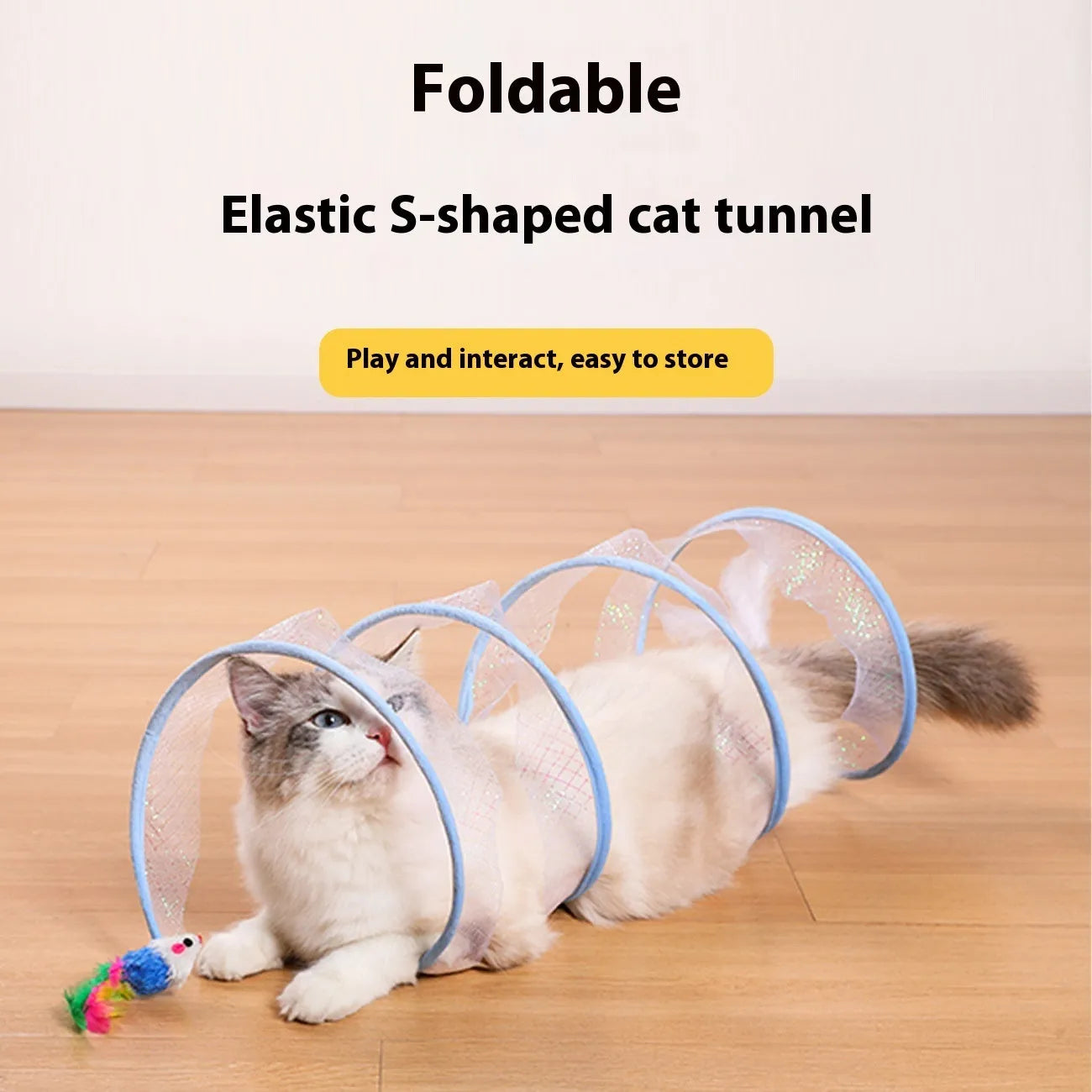 S-type cat tunnel toy with steel frame, elastic mesh, and feather attachment for feline enrichment