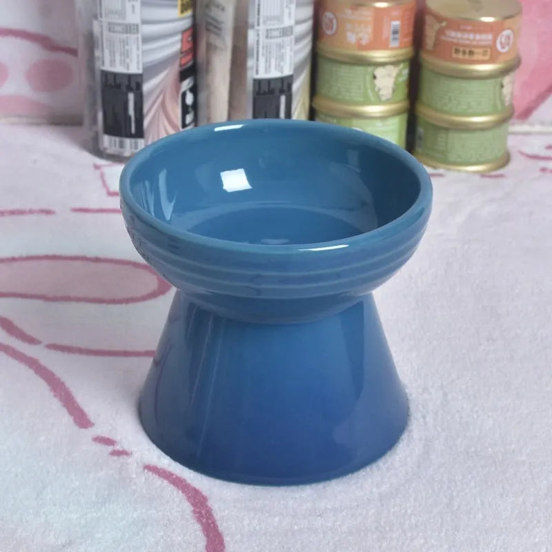 Black ceramic pet bowl with high foot neck protector design for spill prevention