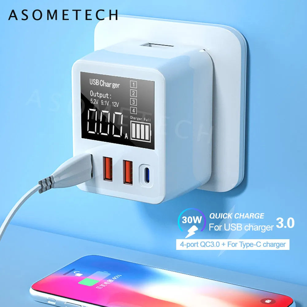 White 4-port QC3.0 and Type-C travel wall charger with optional international plug adaptors.