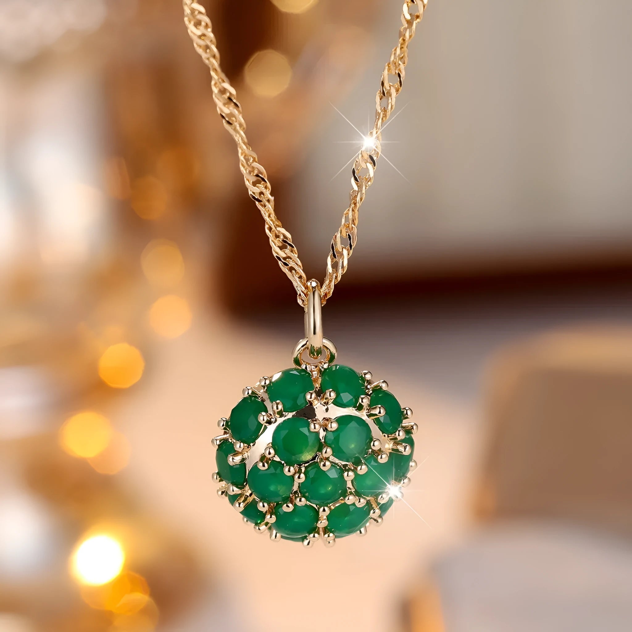 Women's round emerald full diamond necklace with adjustable chain in champagne gold