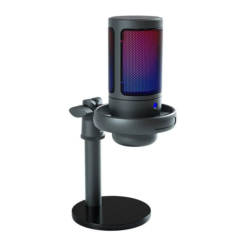 USB condenser microphone with colourful LED lights on a desktop cantilever stand.