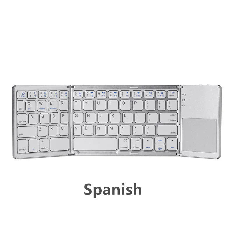 Ultra-thin tri-fold folding touch Bluetooth keyboard in black with touchpad, folded and spread views