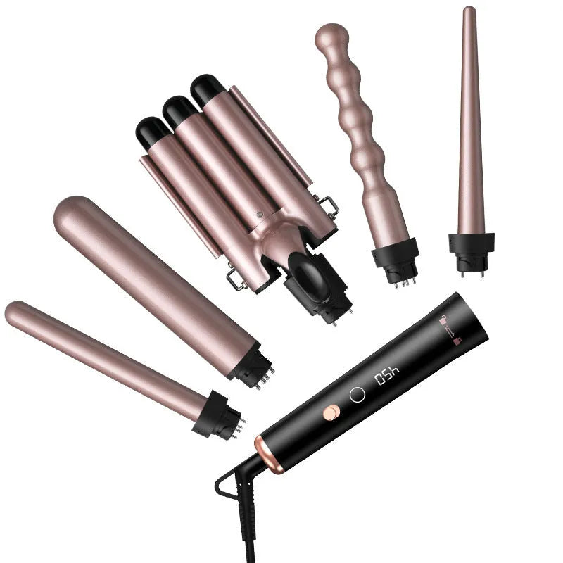 Rose gold five-in-one ceramic hair curler with LCD screen and heat-resistant glove