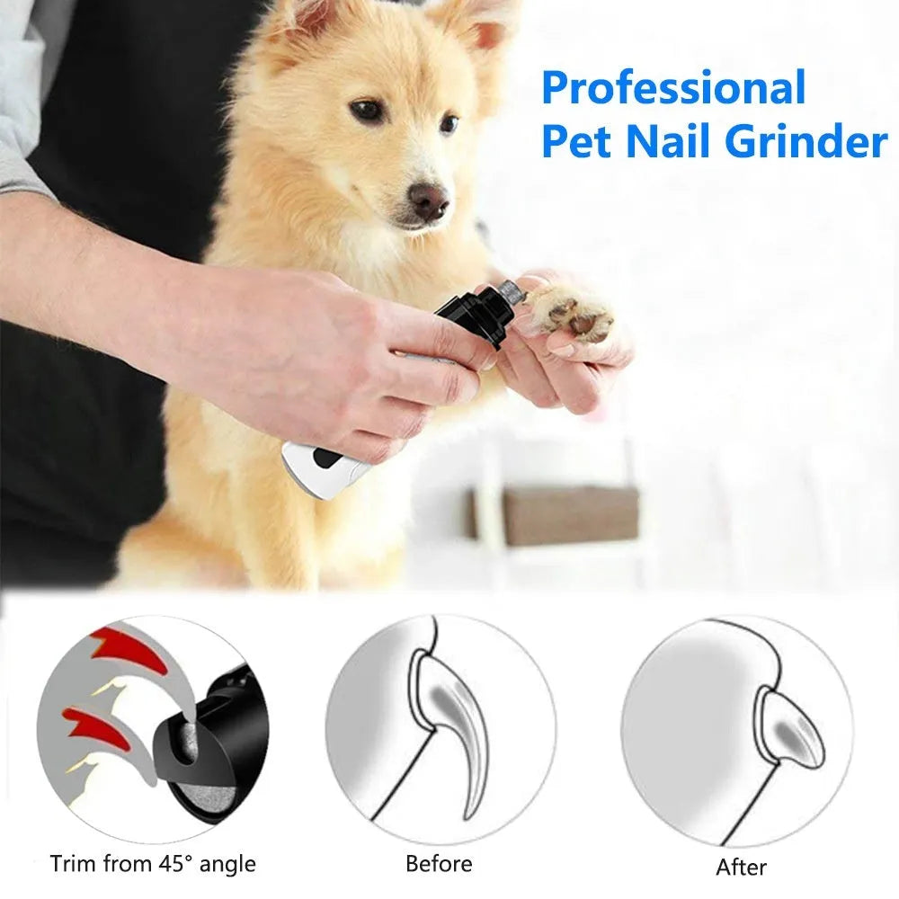 White and grey electric dog nail grinder with LED display showing speed settings and dust collection port