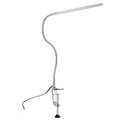 Silver USB-powered LED clip-on table lamp with long arm extended, showing the lamp head and clip mount.