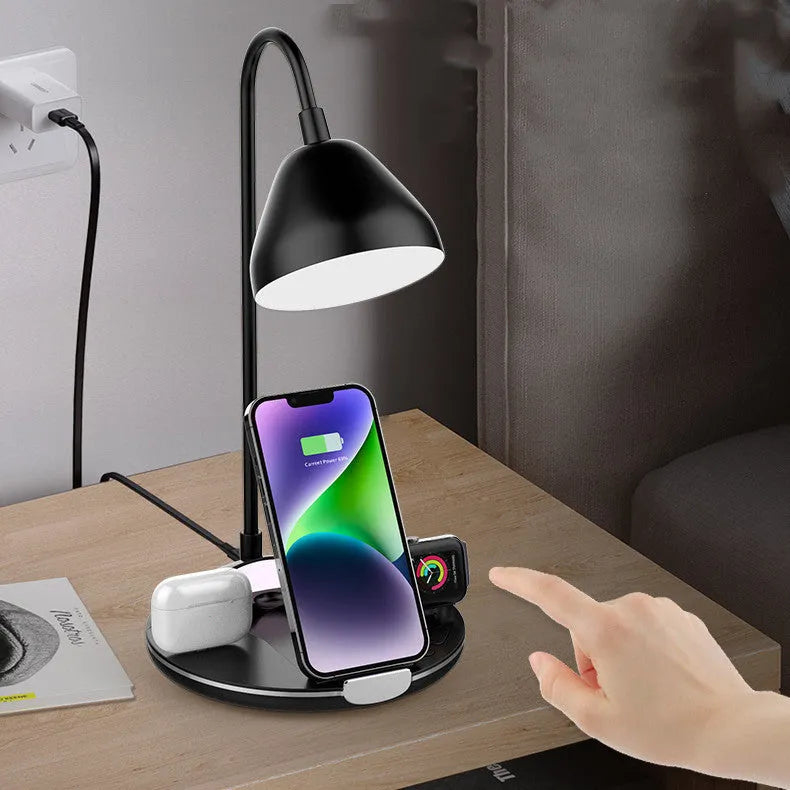 Magnetic folding wireless charger showing three panels with black plastic construction