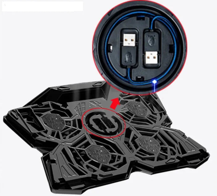 Laptop cooling base with four blue LED fans, speed switches, and USB ports on cooling pad