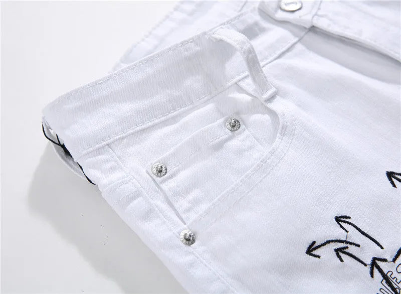 White shredded embroidery jeans for women cotton denim straight leg ankle length high waist distressed pants