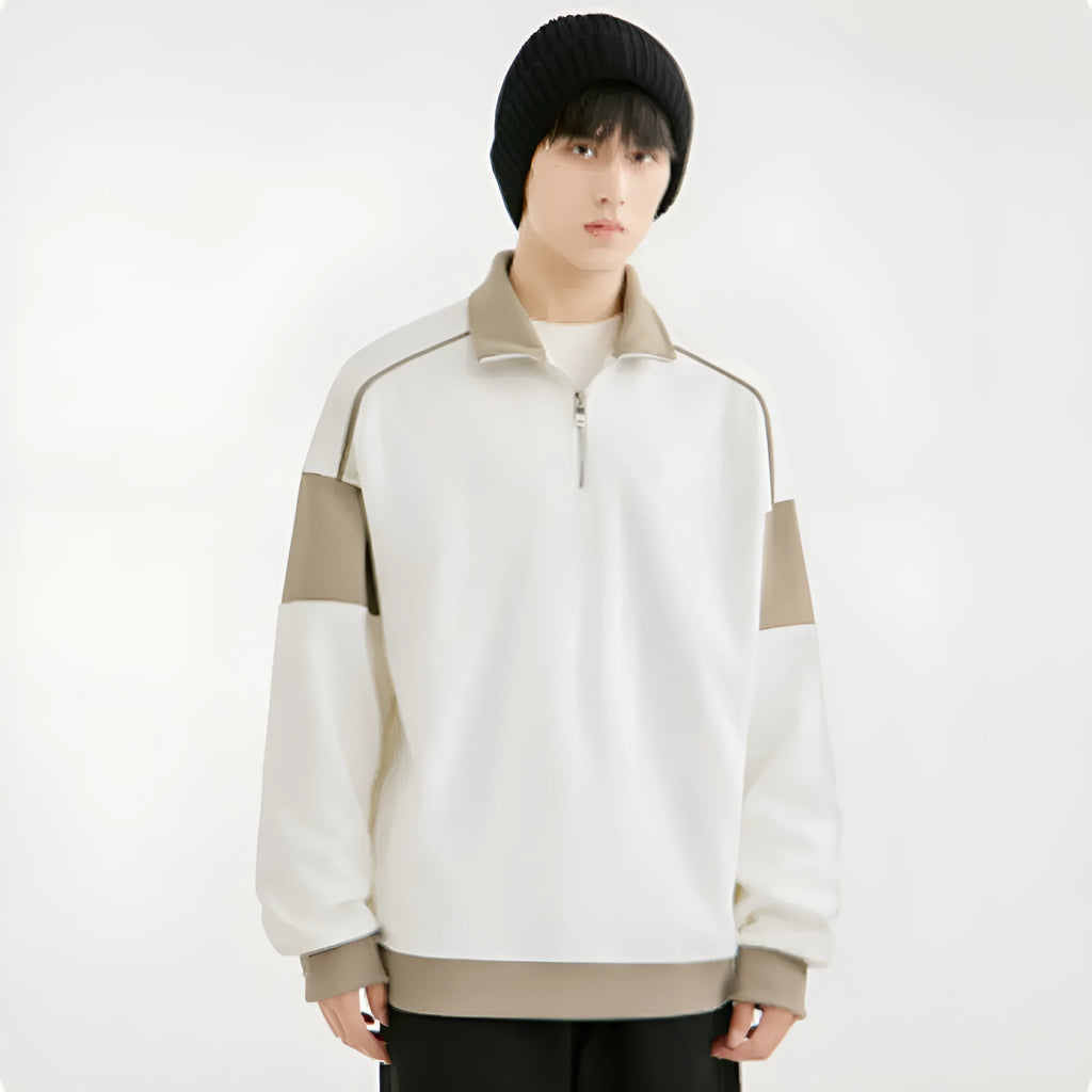 Men's hooded corduroy drop shoulder sweater in beige, showing loose lapels and relaxed fit.