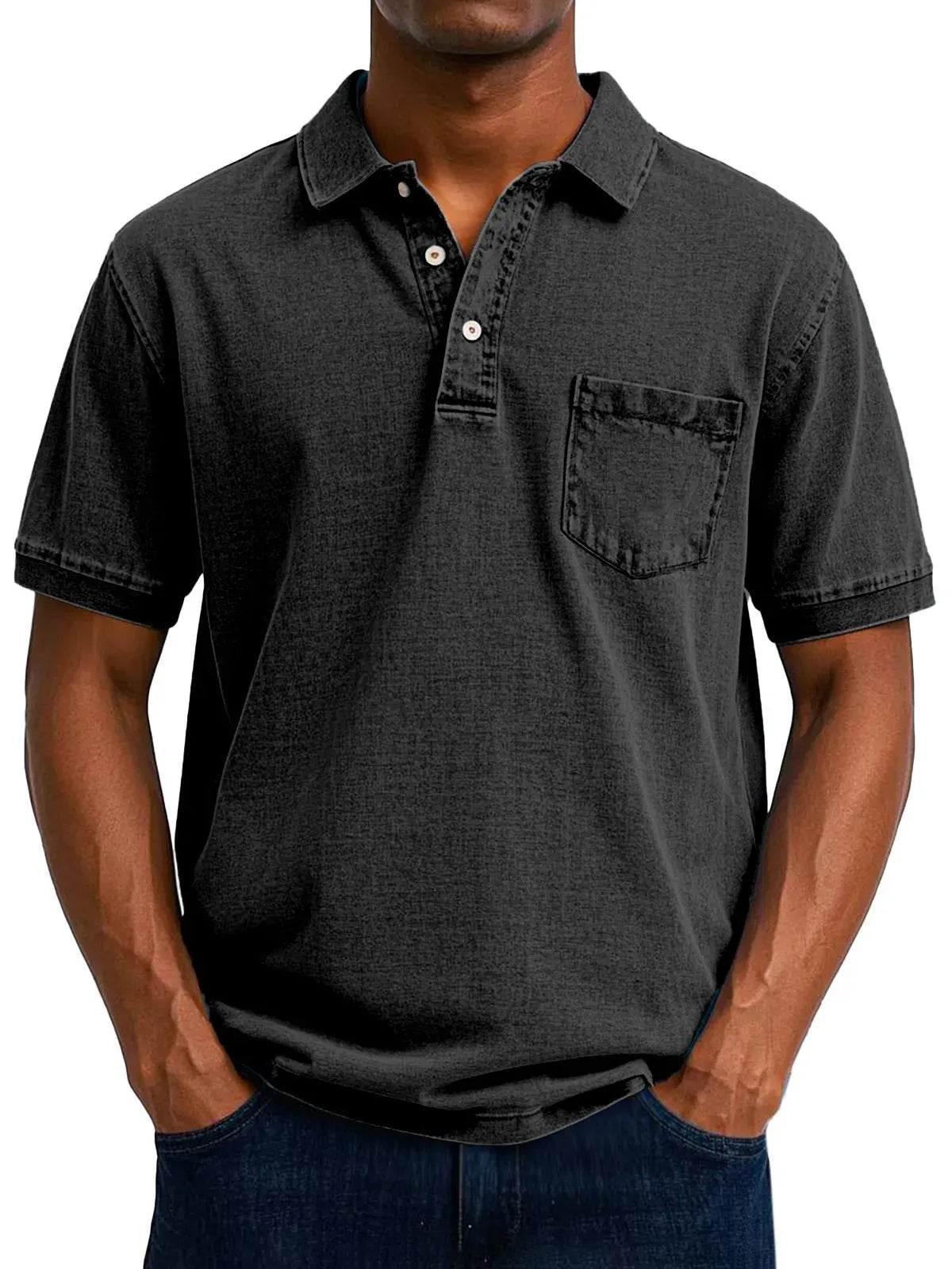 Plus size man wearing a printed short sleeve shirt in Korean style, showing slim fit.
