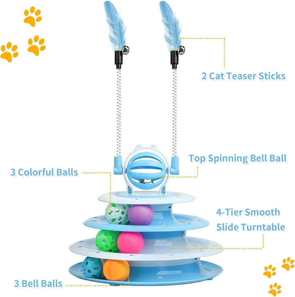 Blue 4-tier interactive cat puzzle toy with balls and teasing rods on a table.