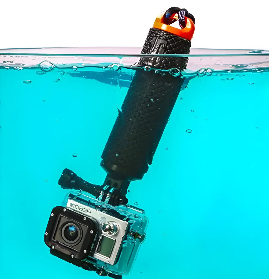 Waterproof floating selfie stick for action cameras in bright colour with hand rope