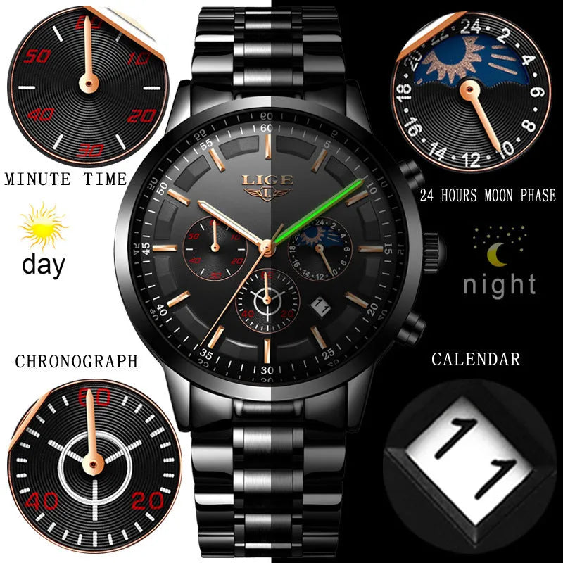 Men's black and rose red gold quartz sports watch with waterproof design