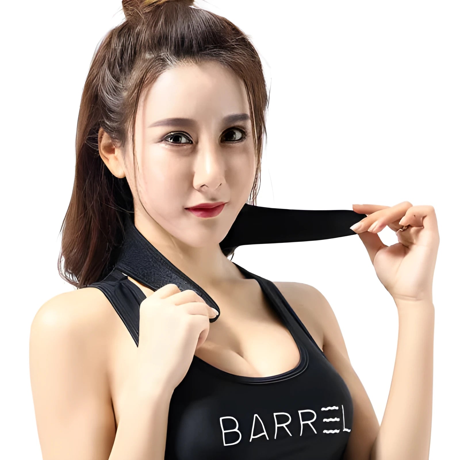 Black self-heating magnetic therapy neck guard with adjustable strap showing measurements