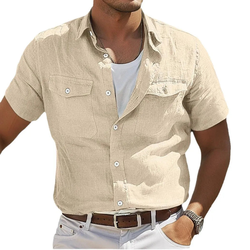 Men's grey cotton linen summer shirt with polo collar and long sleeves in loose cardigan style