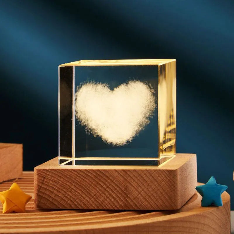3D crystal cube night lamp with warm light and glass lampshade, available in 40mm and 60mm sizes