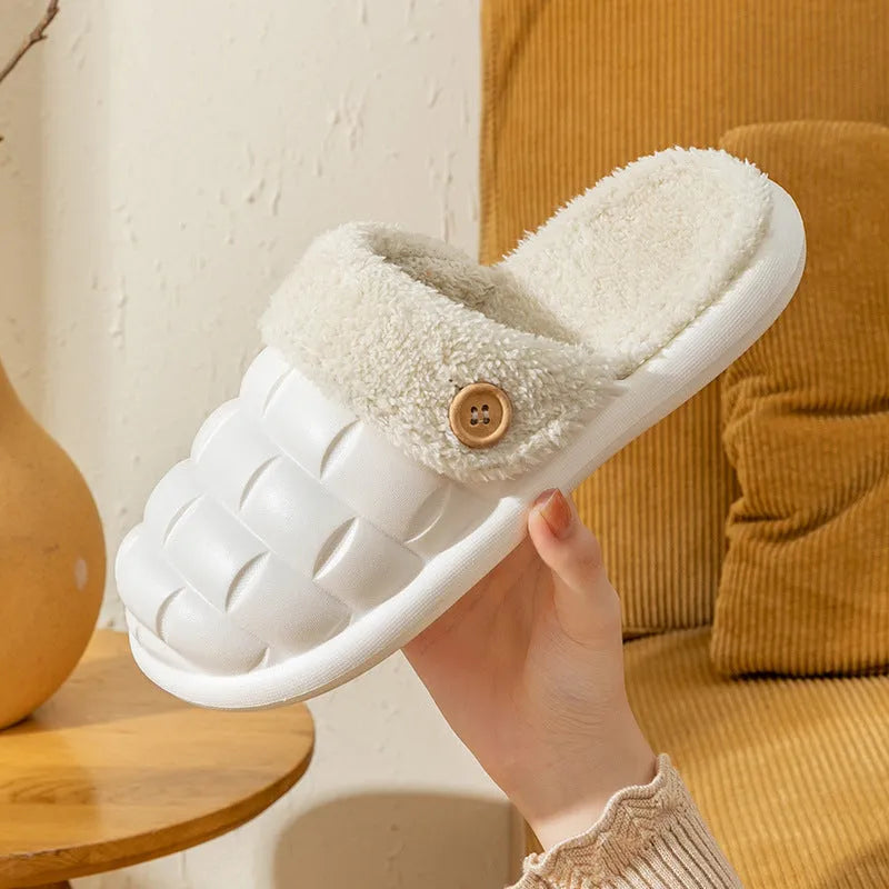 Women's EVA detachable slippers with plush lining in pink, green, yellow, white, grey, or black.