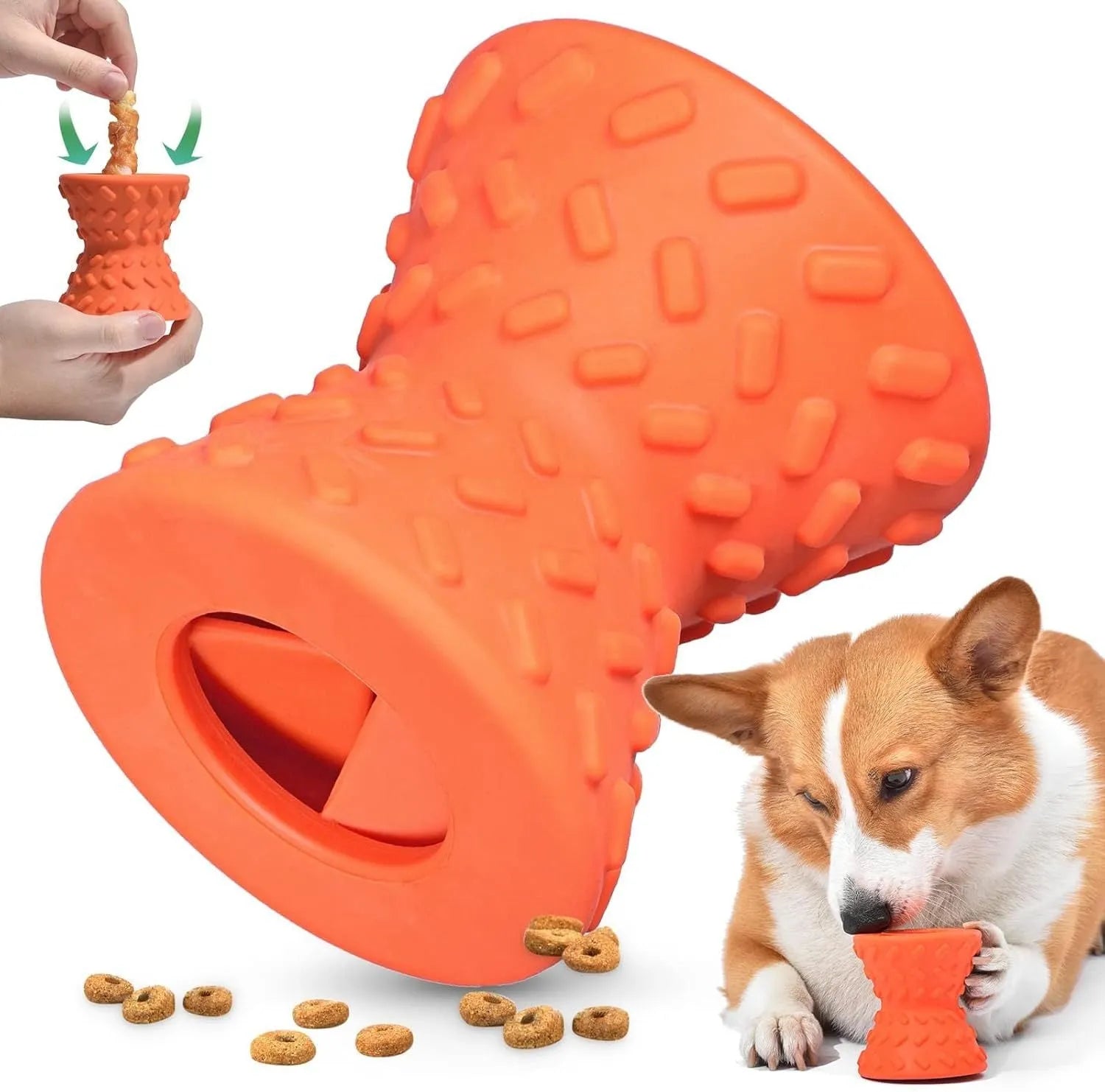 Interactive treat dispensing dog toy in blue, green or purple with hollow centre and food leakage holes