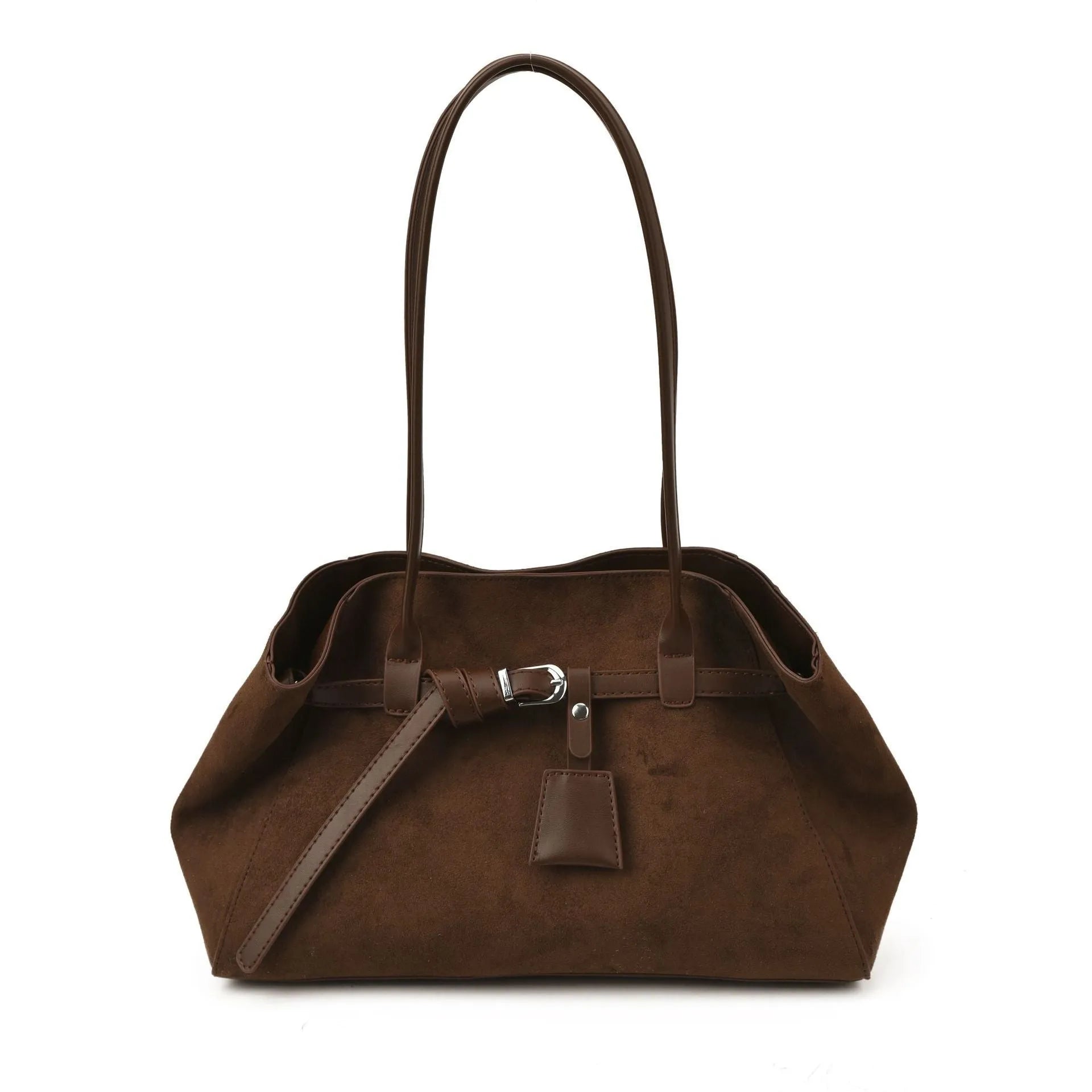 Retro matte large capacity tote bag in deerskin velvet, available in black, brown, coffee, and green, with single shoulder strap