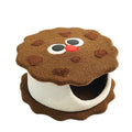 Khaki sandwich cookie shaped cat bed made from faux fur, closed design for cold weather sleeping