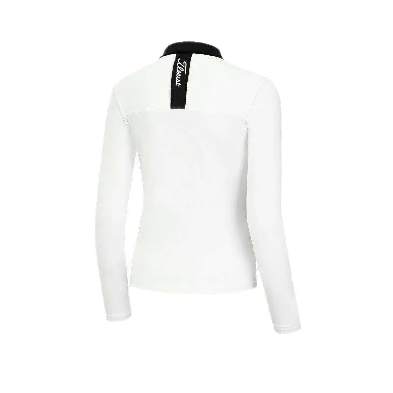 Women's white long sleeve golf top with slim fit and breathable polyester fabric