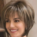 Mixed blonde brown short heat resistant wig on stand, brown colour, synthetic fibre