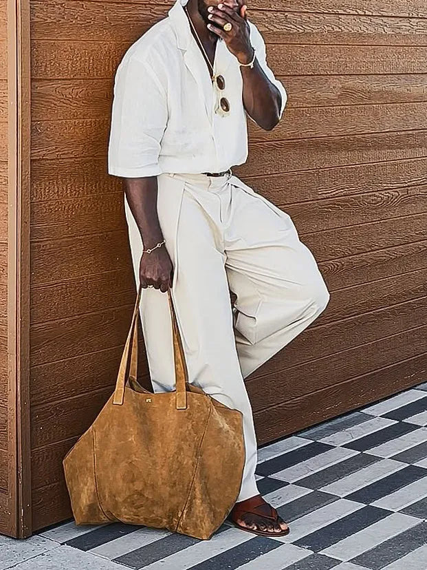 Men's casual short-sleeved white linen shirt with plain design and regular fit