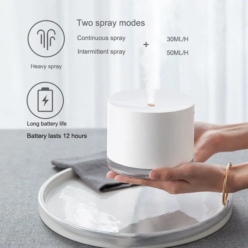 Wireless air humidifier diffuser in white with USB cable, 130 x 130 x 100mm, 780ml tank, 2000mAh battery