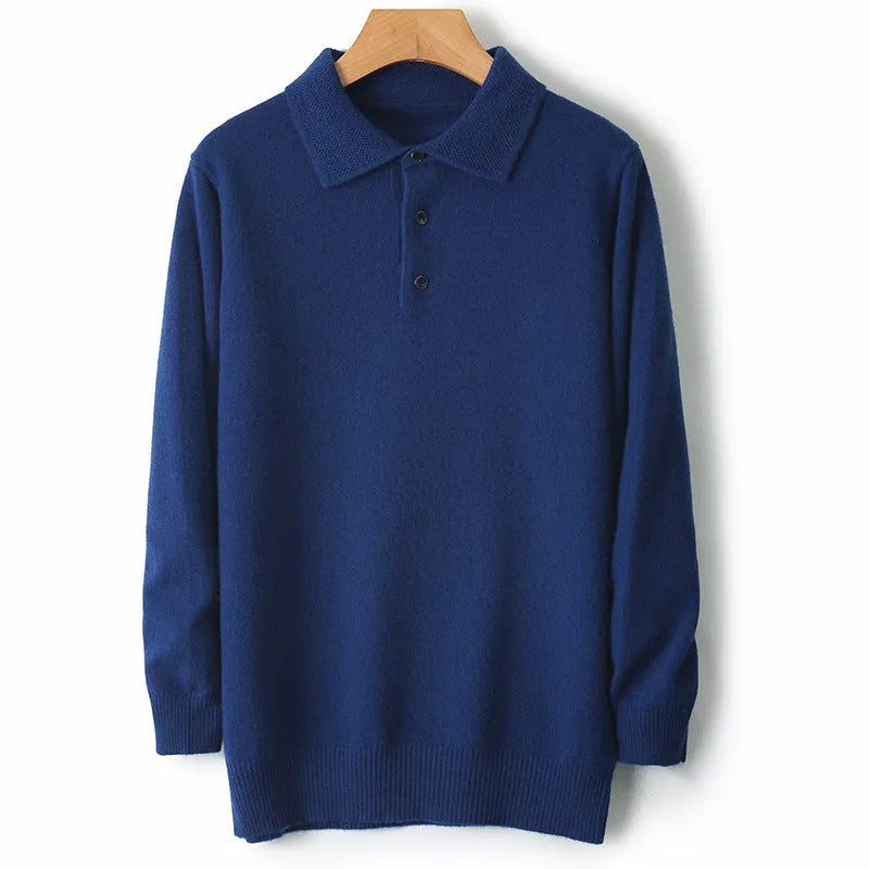 Men's grey wool sweater pullover with a polo collar and long sleeves laid flat.